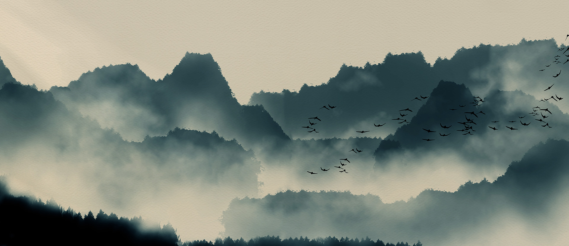 watercolor image of mountains with birds flying