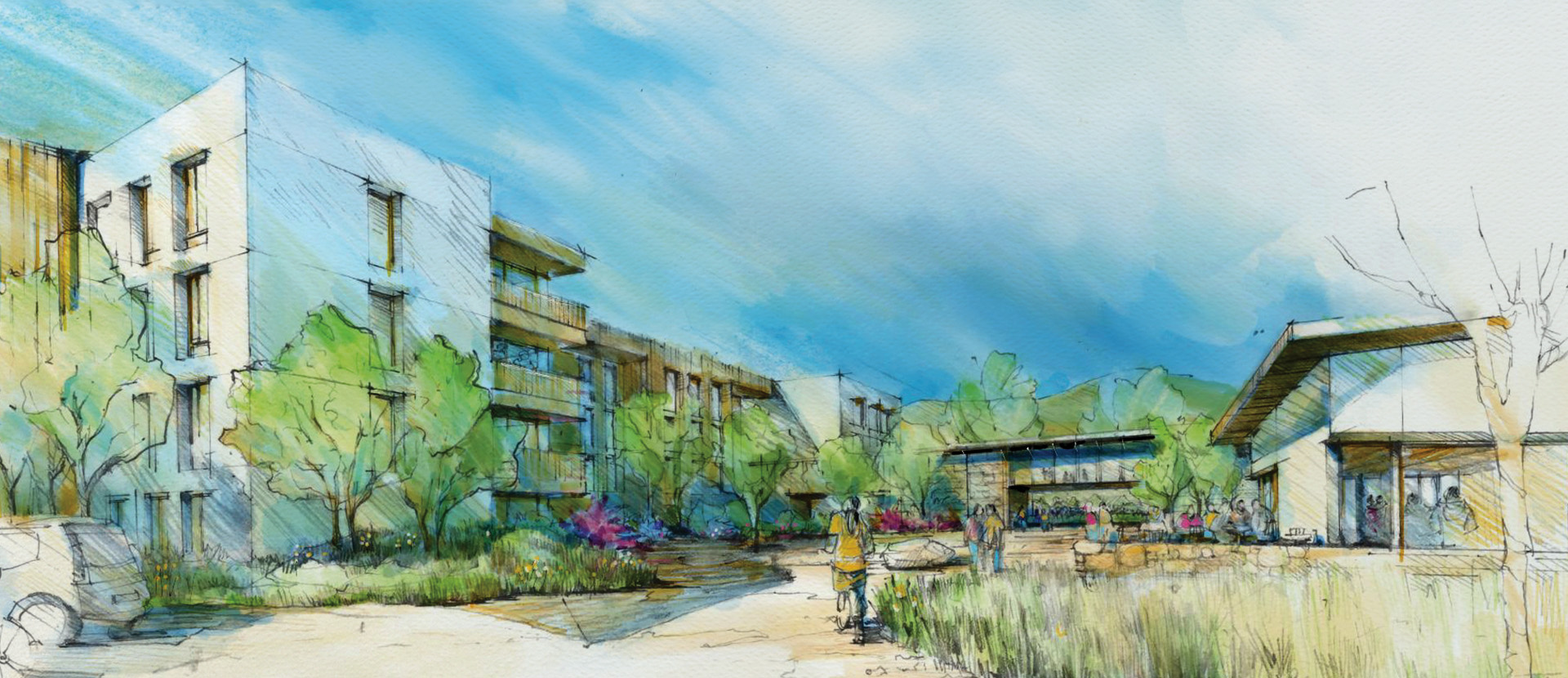 watercolor rendering of buildings at Enso Verde in simi valley, california